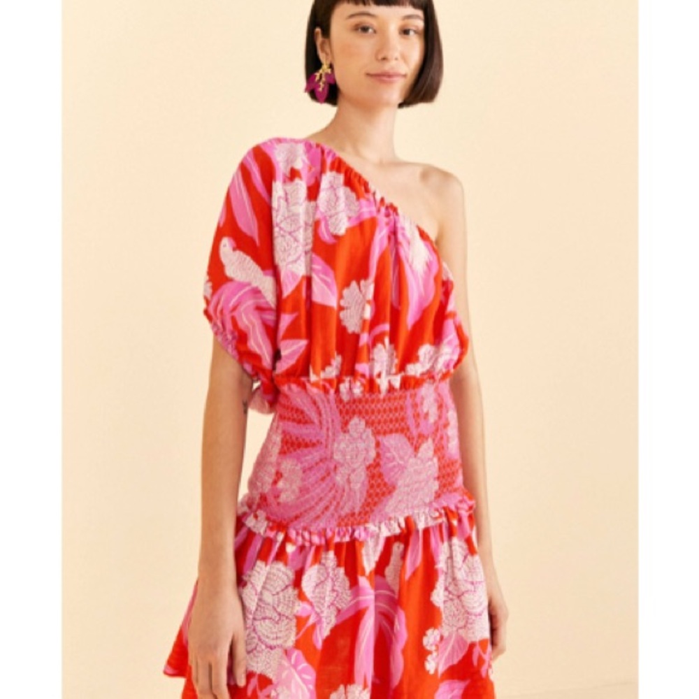 Vibrant Pink and Red One-Shoulder Dress